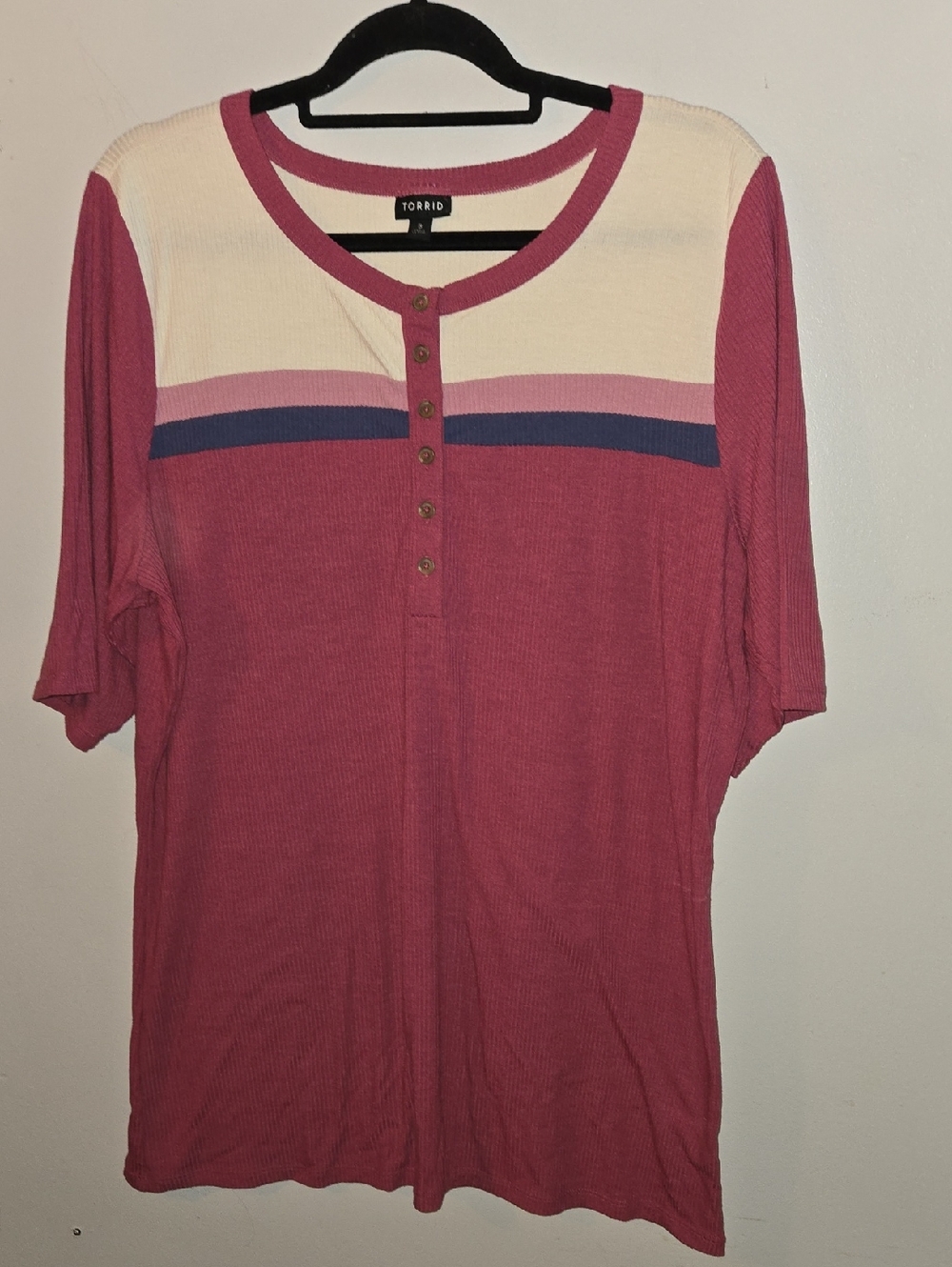 torrid Rose Pink Colorblock Henley Tee with Cream Yoke and Navy Stripe